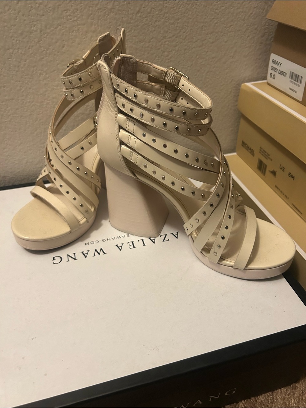 Vince Camuto Cream Studded Strappy Block Heel Sandals